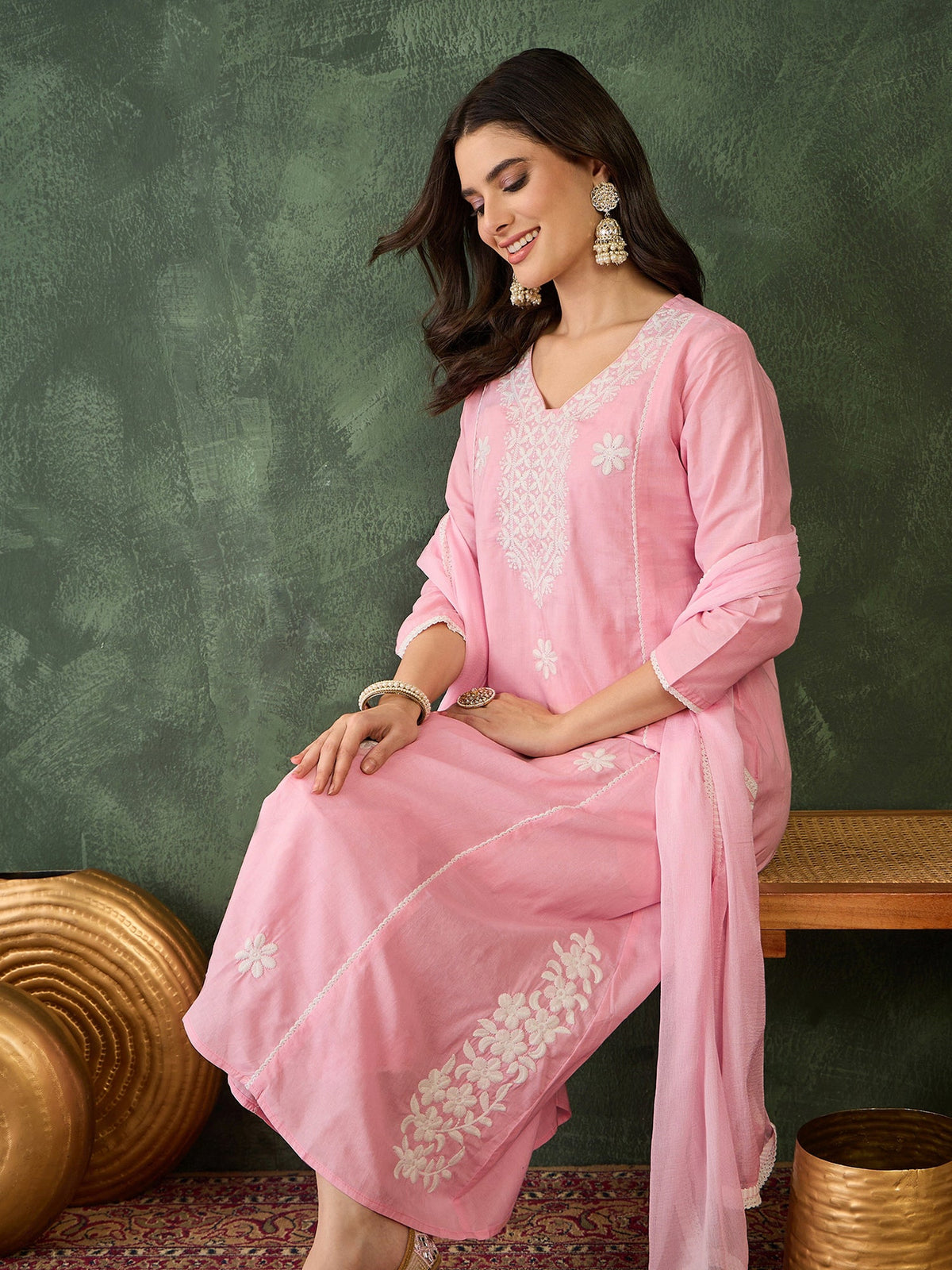 Gulnaar Blush Peach Embroidered  Cotton Kurta Pant