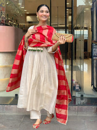 Cream Red Silk Flared Anarkali Kurta Set