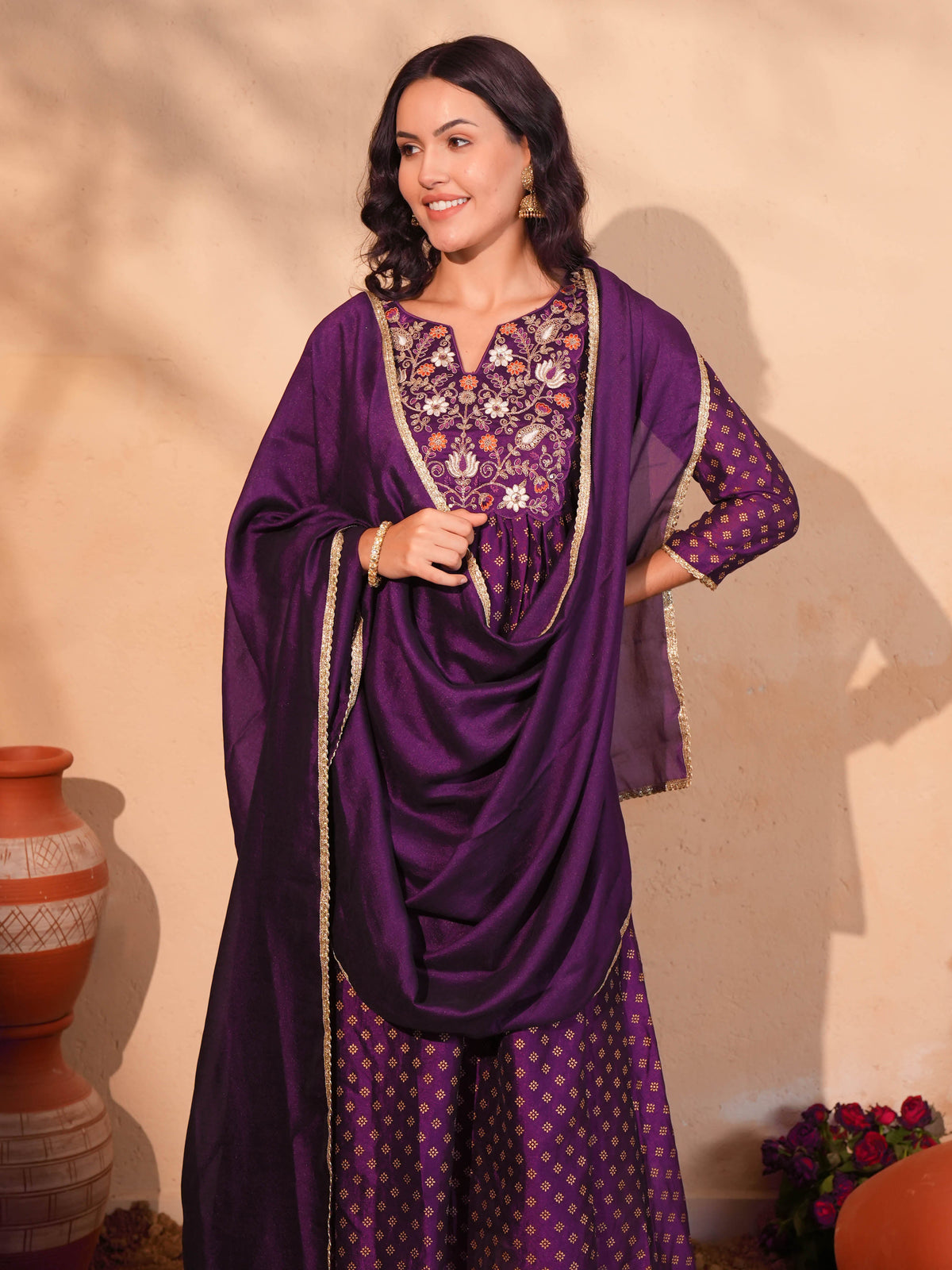 Wine Printed Flared Anarkali Kurta Set
