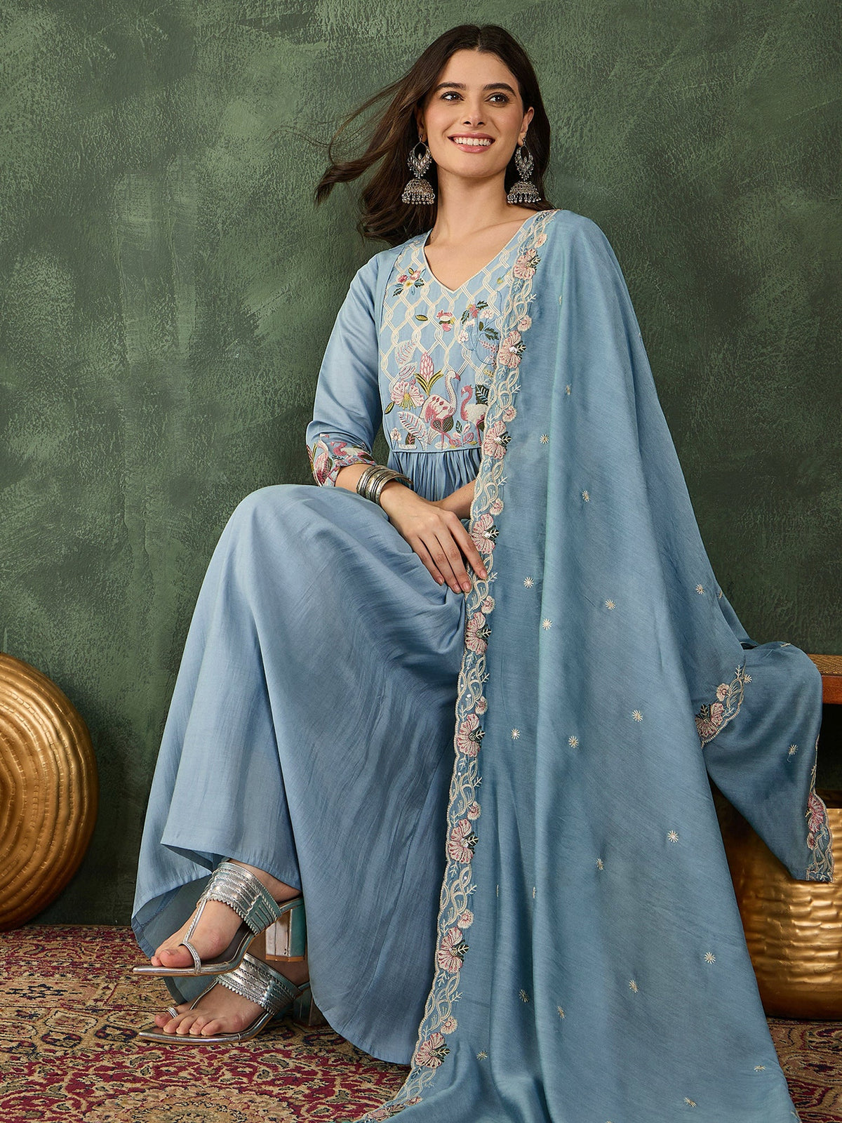 Sky Blue Embroidered Anarkali Set