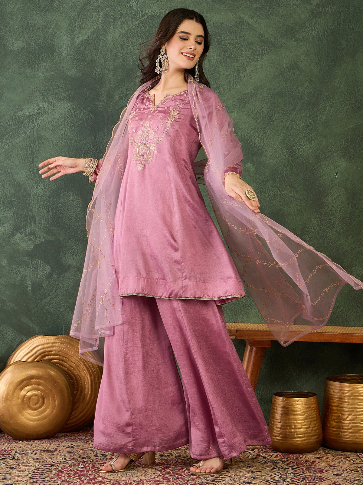 Onion Pink Silk Embroidered Sharara Set