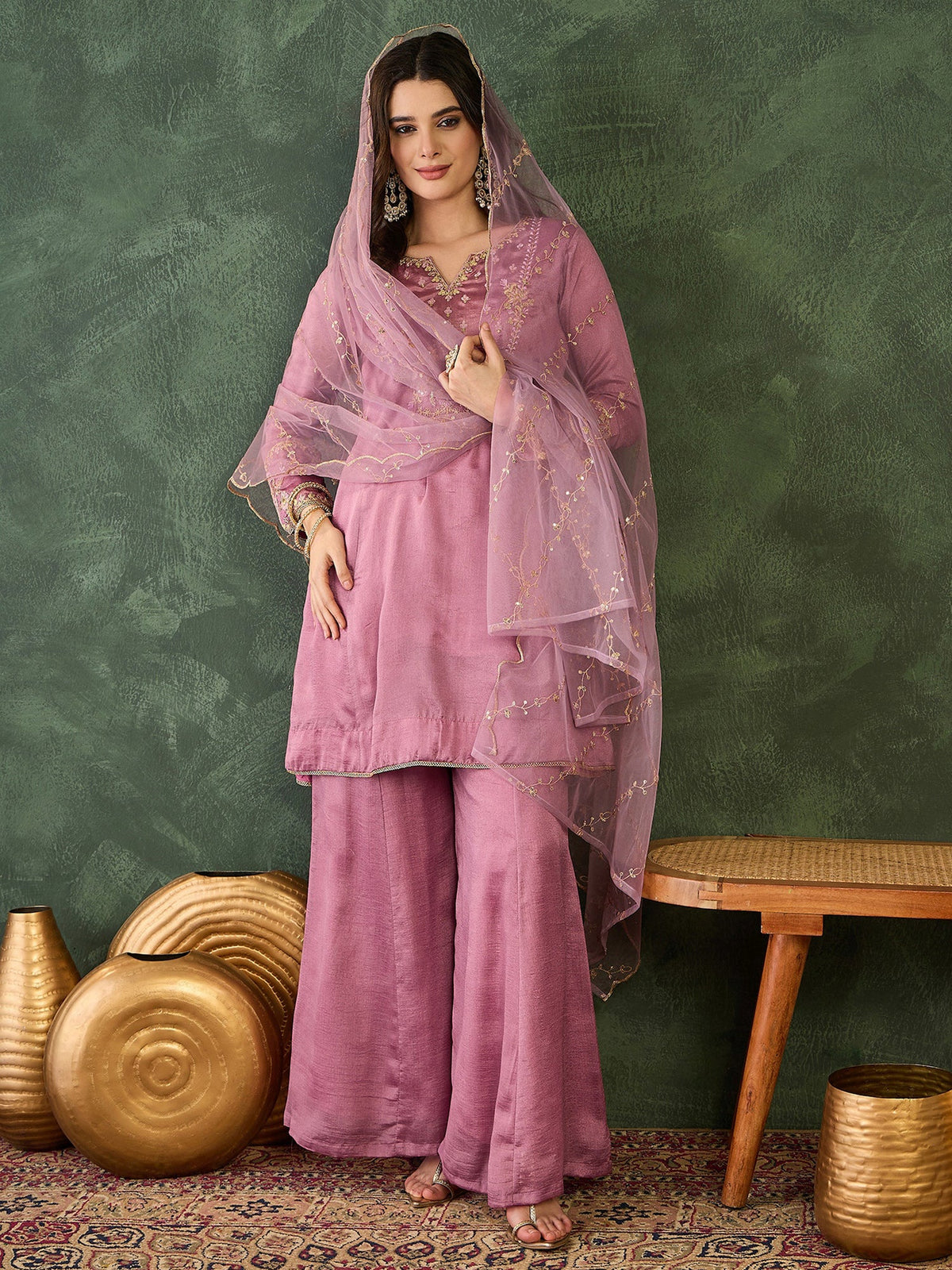 Onion Pink Silk Embroidered Sharara Set