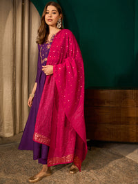 Violet Silk Flared Anarkali Kurta Set