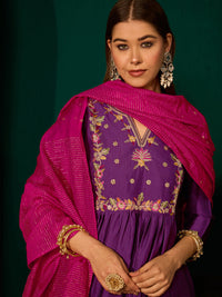 Violet Silk Flared Anarkali Kurta Set