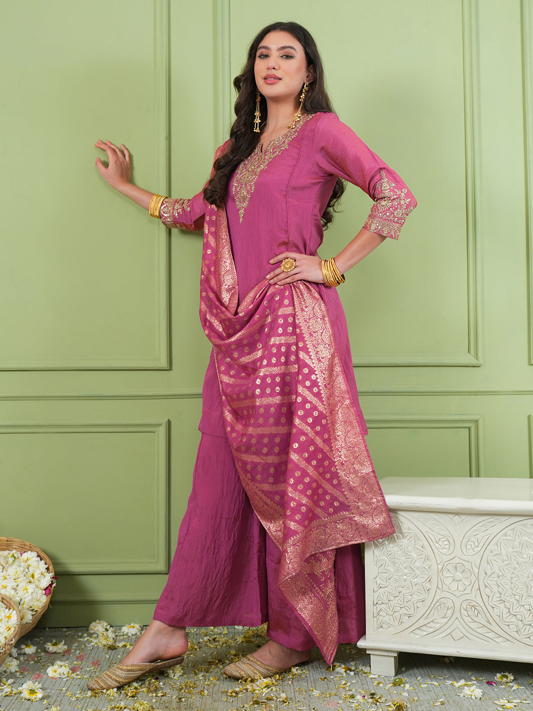 Gajari Pink Silk Embroidered Sharara Suit Set