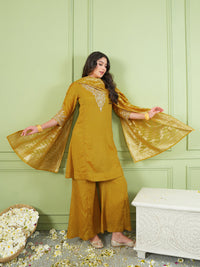 Mustard Yellow Silk Embroidered Sharara Suit Set