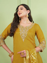 Mustard Yellow Silk Embroidered Sharara Suit Set