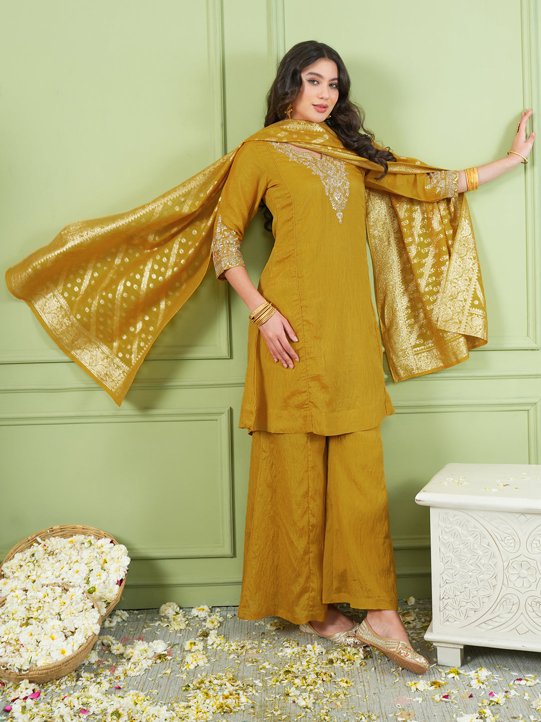 Mustard Yellow Silk Embroidered Sharara Suit Set