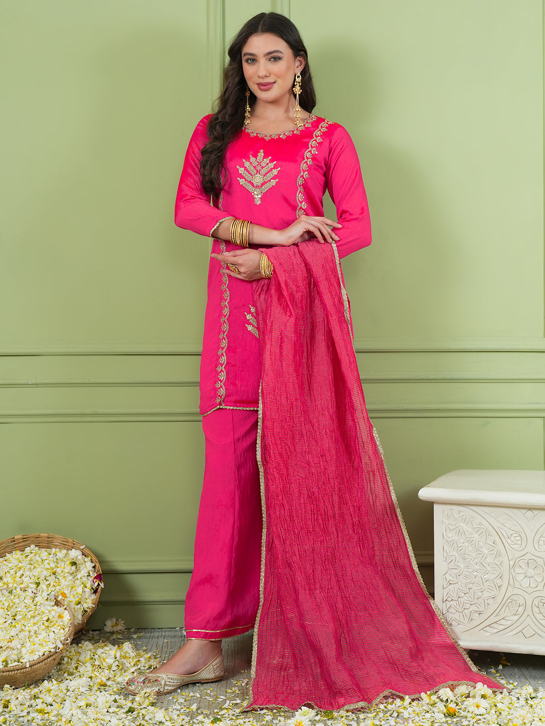 Deep Gajari Silk Embroidered Sharara Suit Set