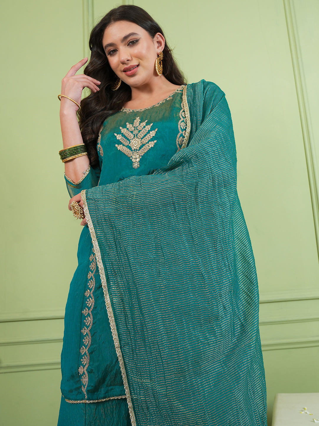 Rama Green Silk Embroidered Sharara Suit Set