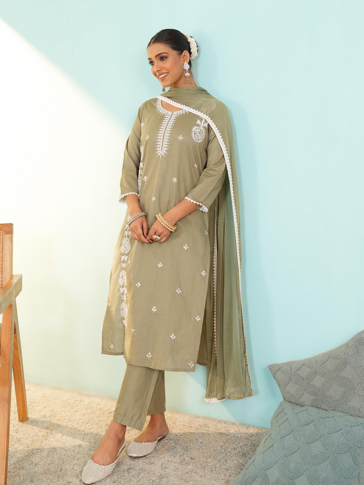 Dusty Pista Green Cotton Embroidered Kurta Set