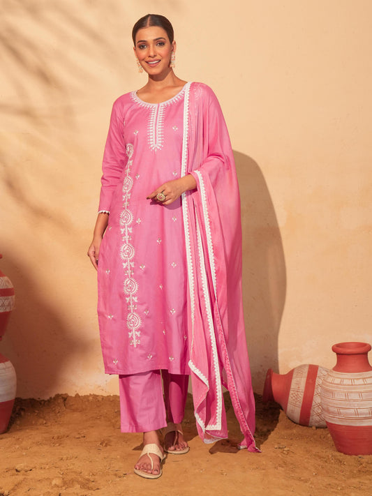 Peach Cotton Embroidered Suit Sets