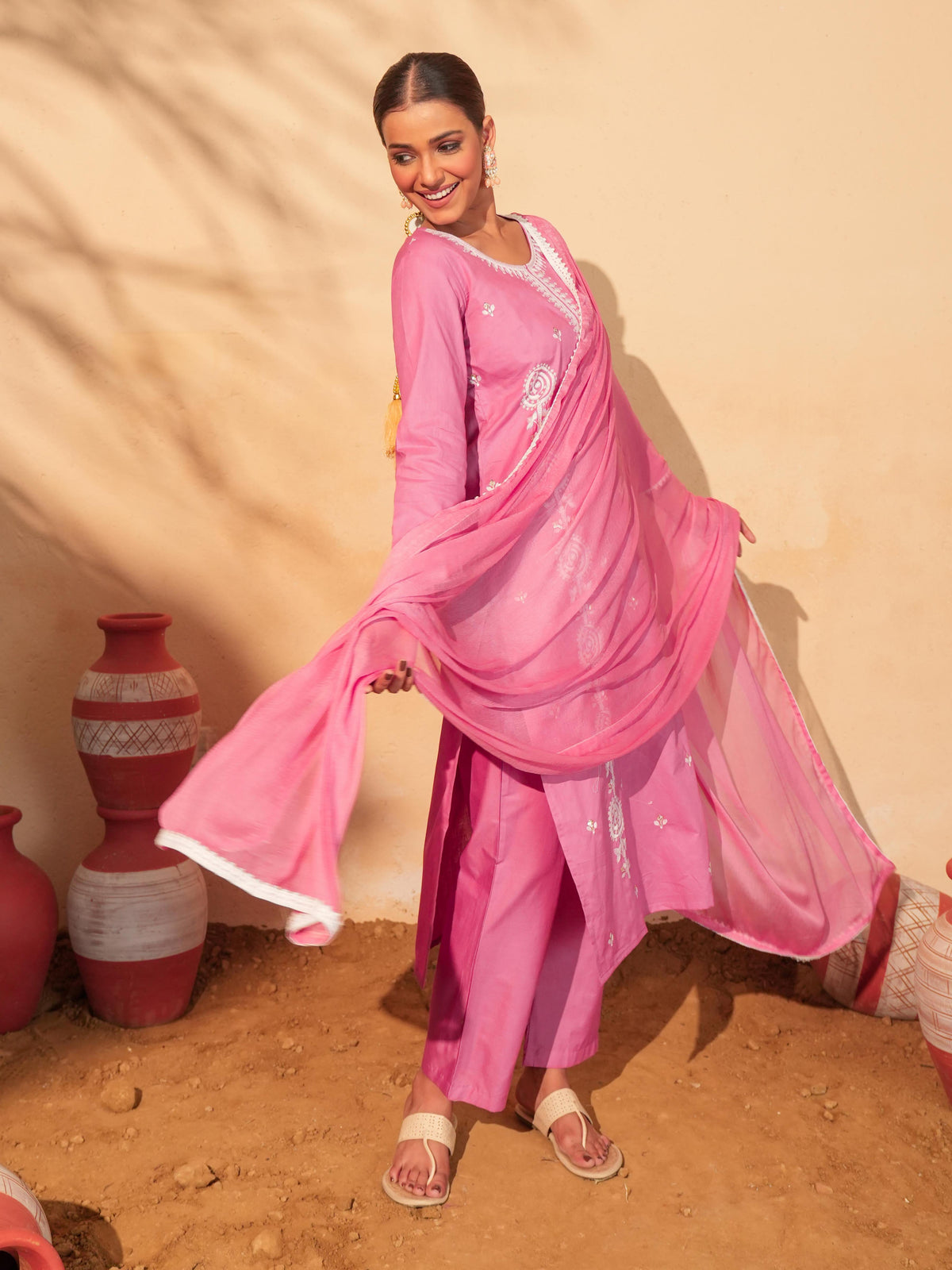 Peach Cotton Embroidered Suit Sets