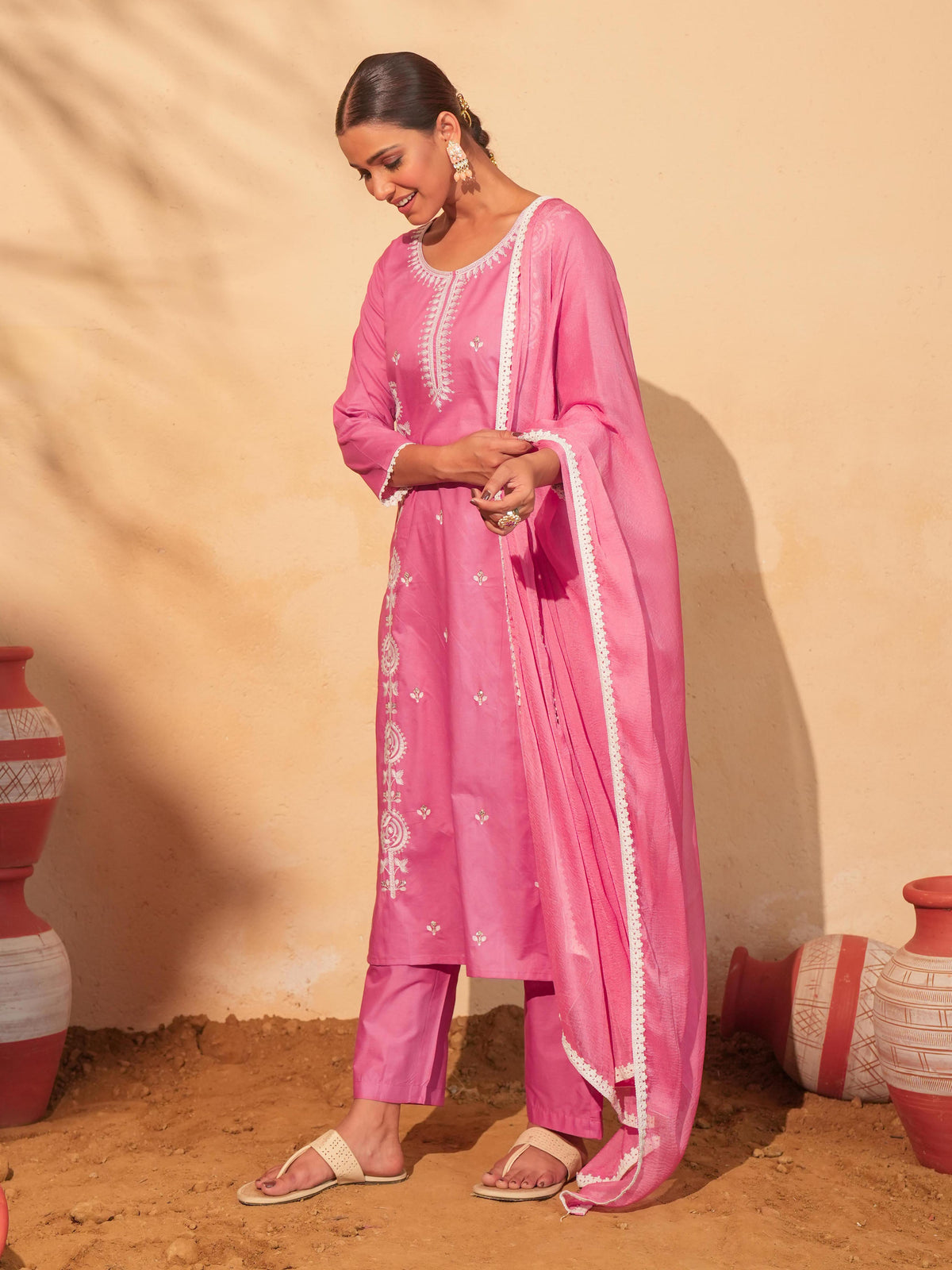 Peach Cotton Embroidered Suit Sets