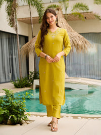 Olive Lime Green Embroidered Suit Sets