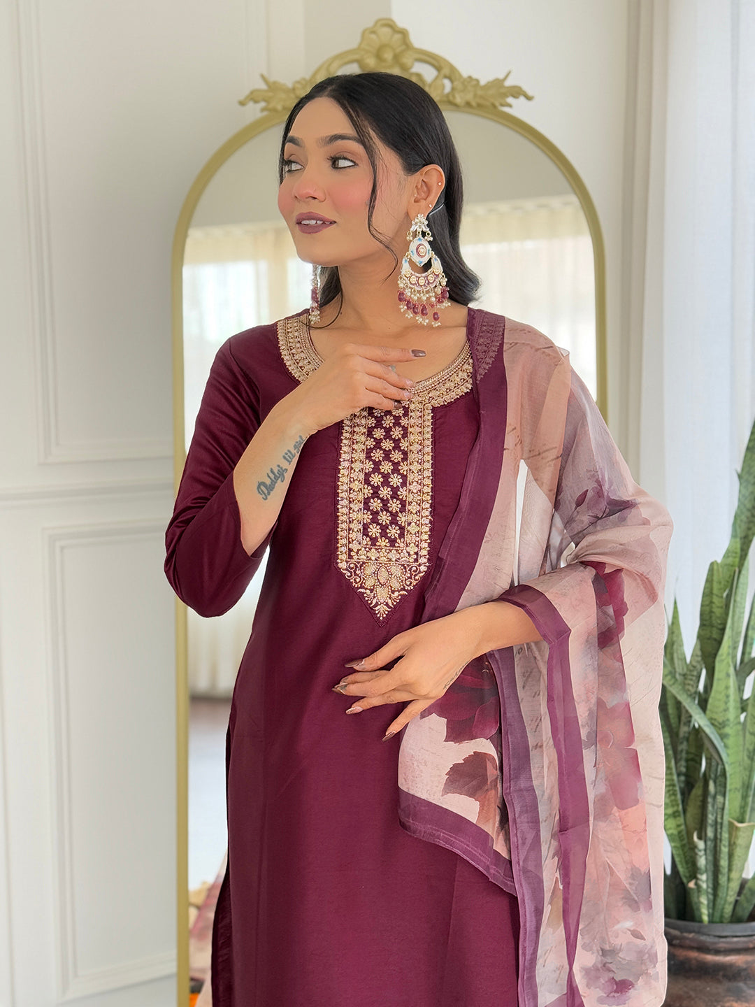 Wine Elegance Viscose Silk Suit Sets