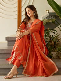 Rust Orange Chanderi Anarkali Kurta Pant Set