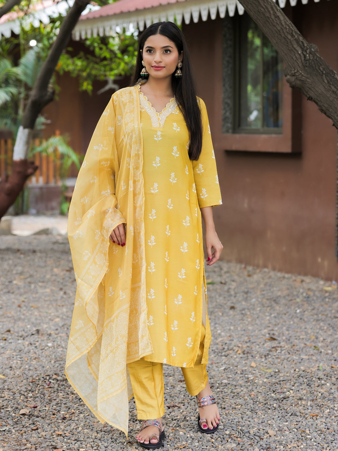 Yellow Cotton Embroidered Kurta Pant Set