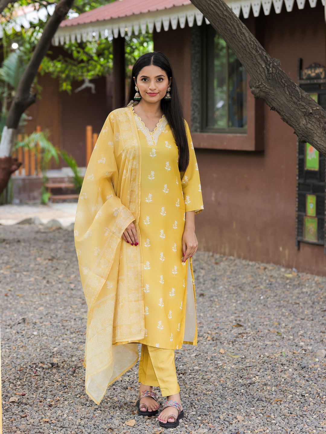 Yellow Cotton Embroidered Kurta Pant Set