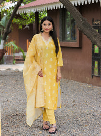 Yellow Cotton Embroidered Kurta Pant Set