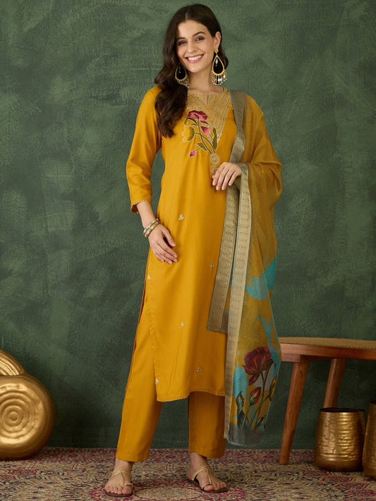 Mustard Yellow Floral Embroidered Suit Sets
