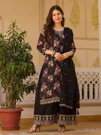 Black Floral Print Kurta Sharara Set