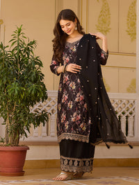Black Floral Print Kurta Sharara Set