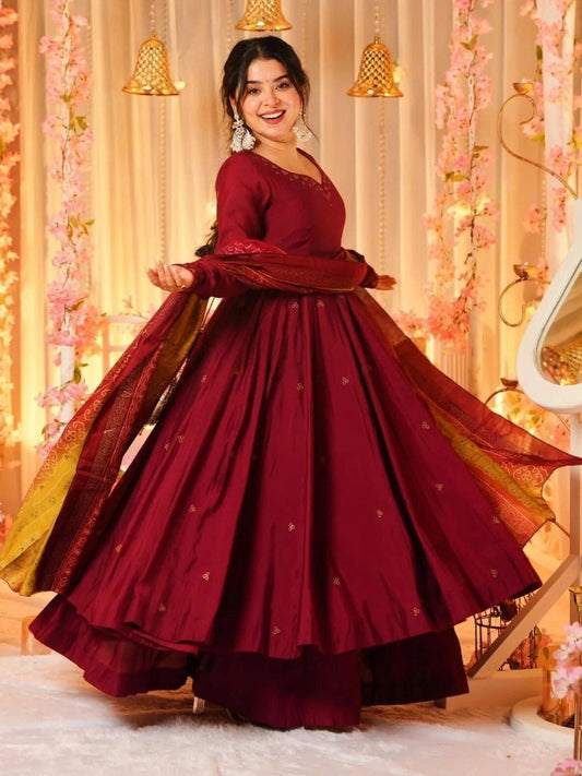 Maroon Silk Flared Anarkali Kurta Set