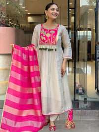 Cream Pink Silk Flared Anarkali Kurta Set