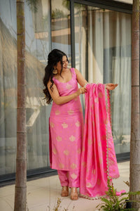 Pink Aura Chanderi Jacquard Suit Set