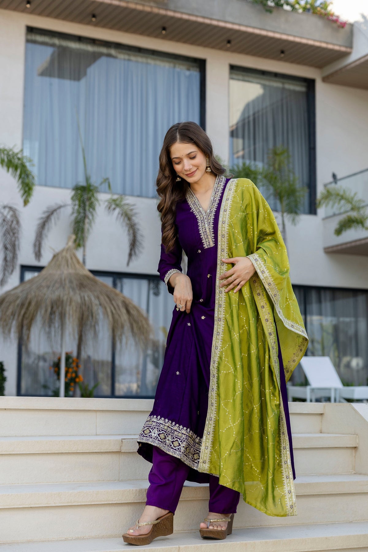 Wine Vichitra Silk Embroidered Anarkali Suit Set