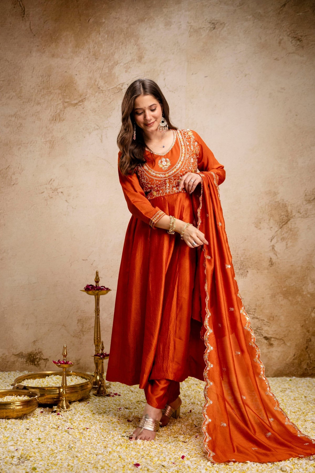 Orange Embroidered Vichitra Silk Anarkali Suit Set