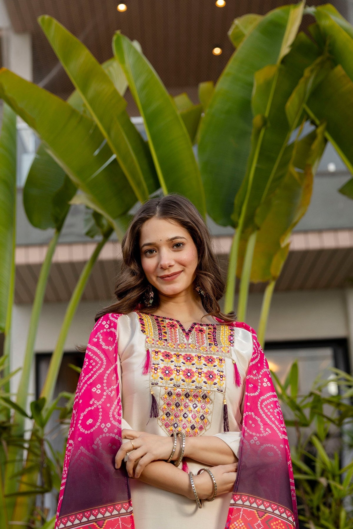 Pink Bandhani Dupatta With Kurta Set