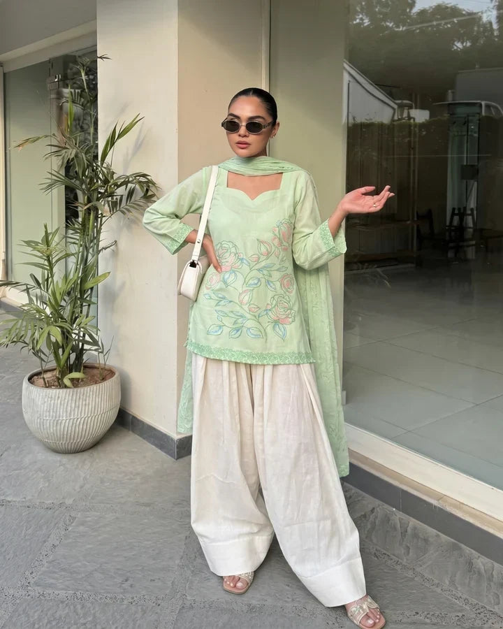 Women's Premium Pista Green Silk Printed Kurta Set with Farshi Salwar