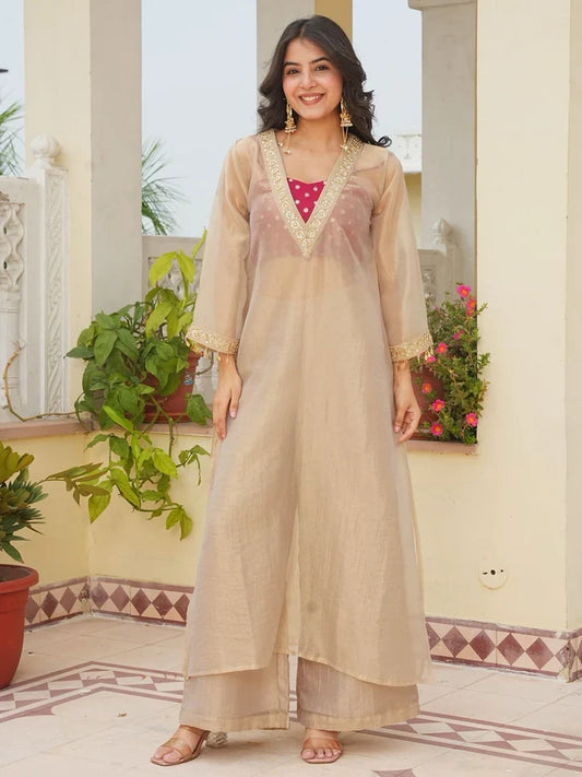 Women’s Golden Tissue Silk Embroidered Kurta & Palazzo Set