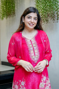 Pink Beads Work Chinnon Silk Palazzo Set