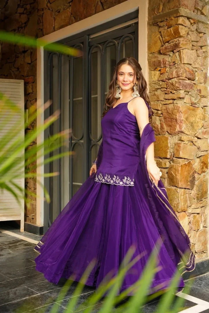 Purple Embroidered Short Kurti with Sharara and Dupatta Set