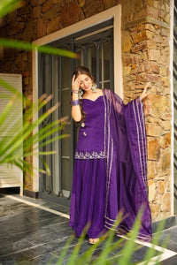 Purple Embroidered Short Kurti with Sharara and Dupatta Set