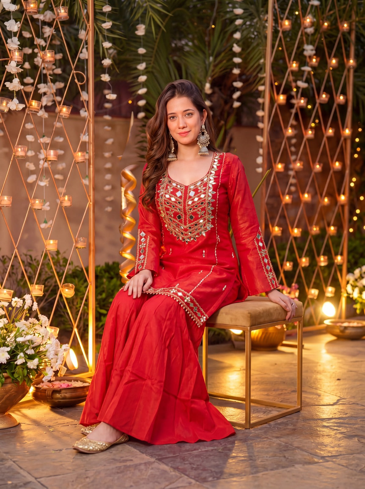 Royale Rust Orange Roman Silk Kurta Sharara Pant
