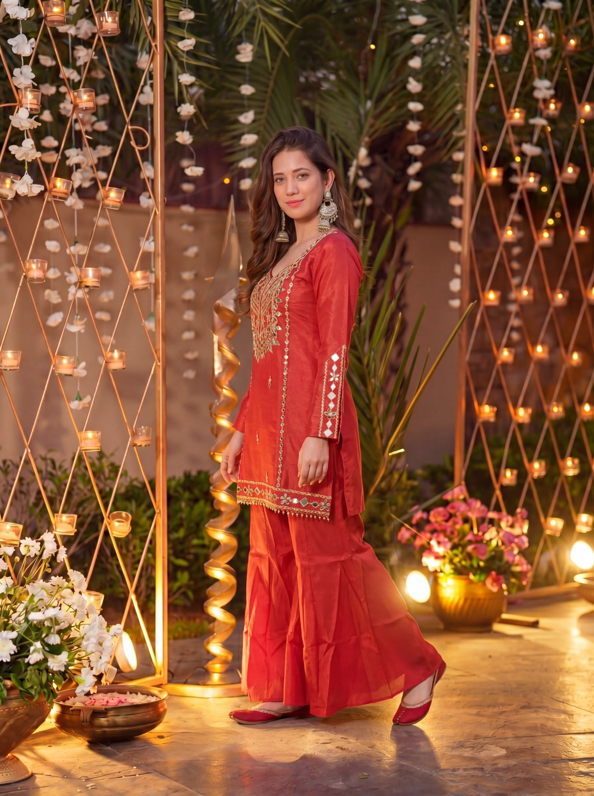 Royale Rust Orange Roman Silk Kurta Sharara Pant