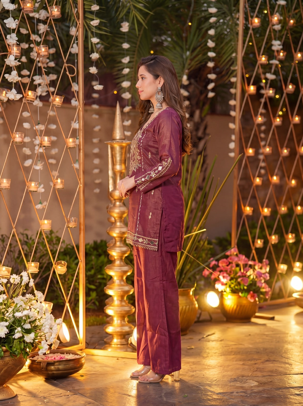 Royale Wine Roman Silk Sharara Kurta Pant
