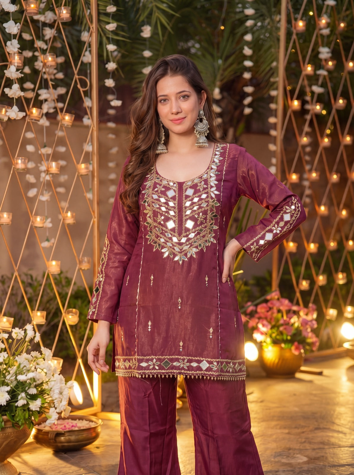 Royale Wine Roman Silk Sharara Kurta Pant