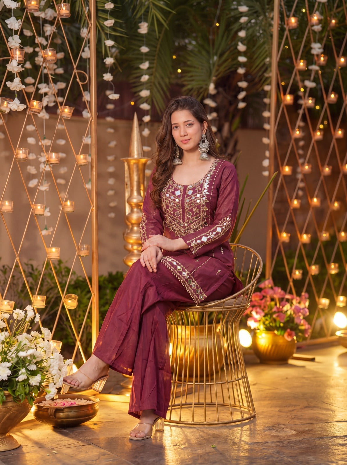 Royale Wine Roman Silk Sharara Kurta Pant