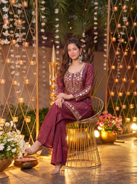 Royale Wine Roman Silk Sharara Kurta Pant