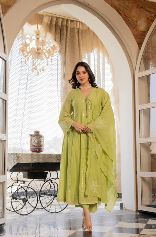 Pista Bloom Embroidered Anarkali Kurta Set