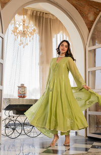 Pista Bloom Embroidered Anarkali Kurta Set