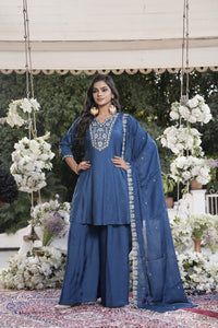 Navy Blue Embroidered Kurta Palazzo Set