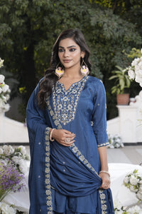 Navy Blue Embroidered Kurta Palazzo Set