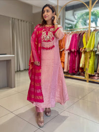 Rose Pink Mul Chanderi Handwork Suit Set