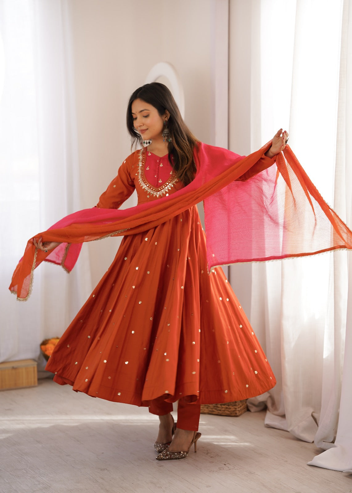 Rust Orange Embroidered Anarkali Pant Set With Dupatta